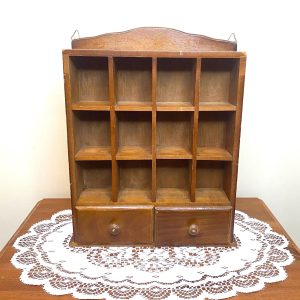 Vintage Wooden Trinket Shelf with 12 Small Slots & 2 Drawers | Antique Mid-Century Collectibles Shelf | Farmhouse Country Cottage Decor